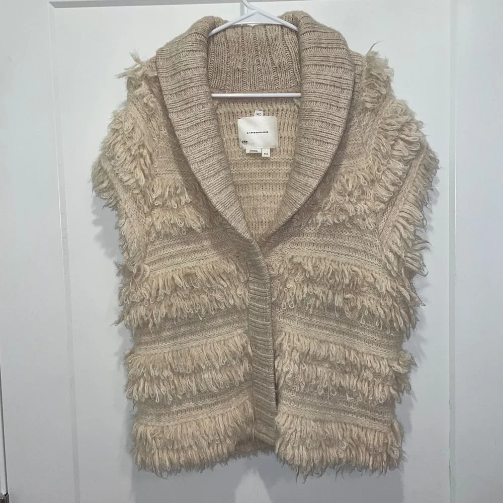 Anthropologie Shaggy Knit Cardigan Vest Shawl Collar Wool Blend Beige‎ XS/S